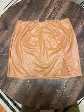 Rewash Faux Leather Mini Skirt in Cognac Brown with Front Slit